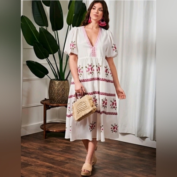 SHEIN Dresses & Skirts - Floral Midi White & Pink Dress 0XL